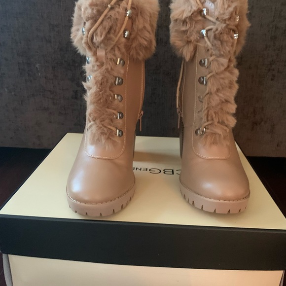 BCBG Faux Fur Tan Block Heel Bootie - Picture 3 of 5
